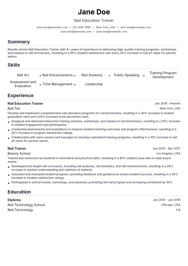 Nail Education Trainer resume example