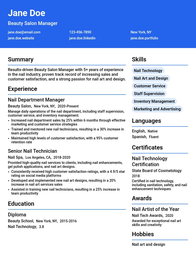 Beauty Salon Manager (Nail Department) resume example