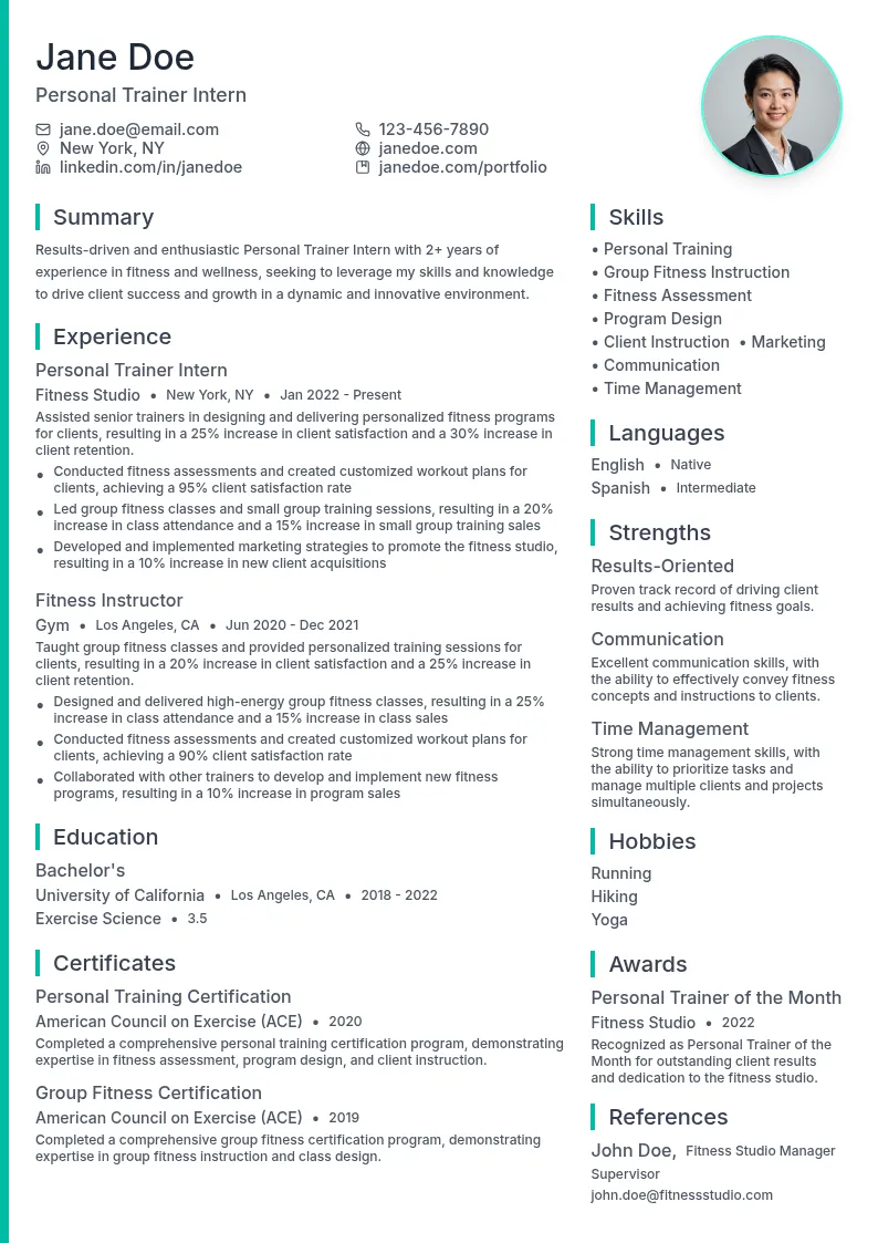 Personal Trainer Intern resume example