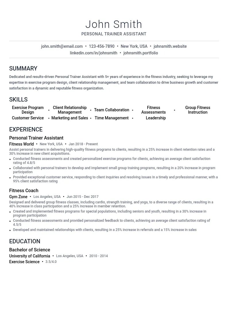 Personal Trainer Assistant resume example