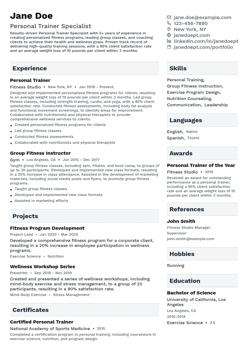 Personal Trainer Specialist resume example