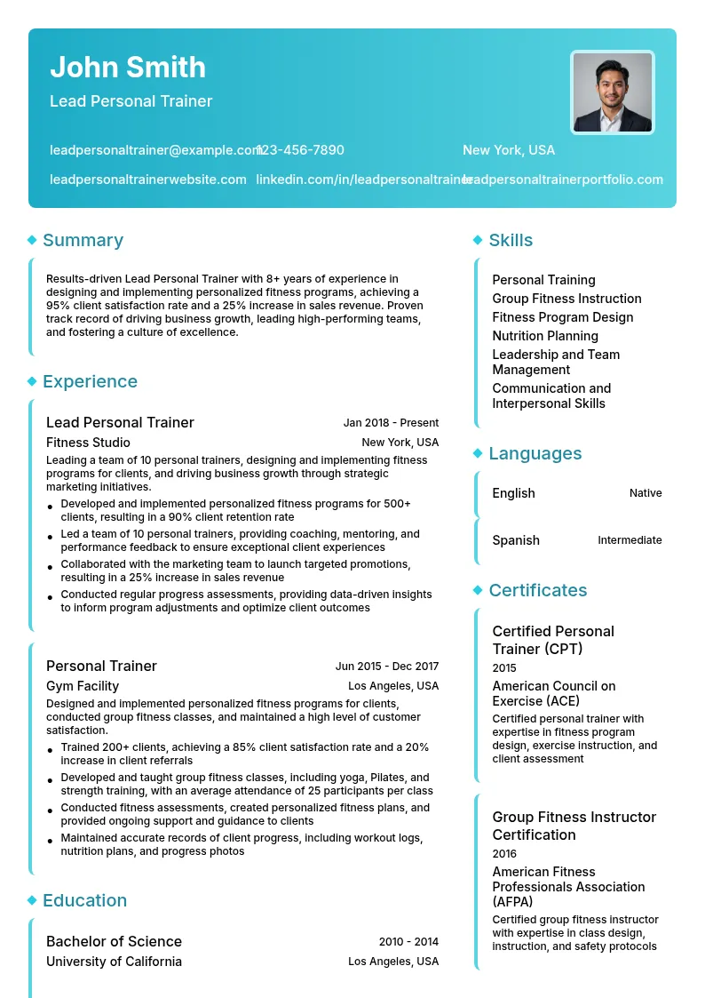 Lead Personal Trainer resume example