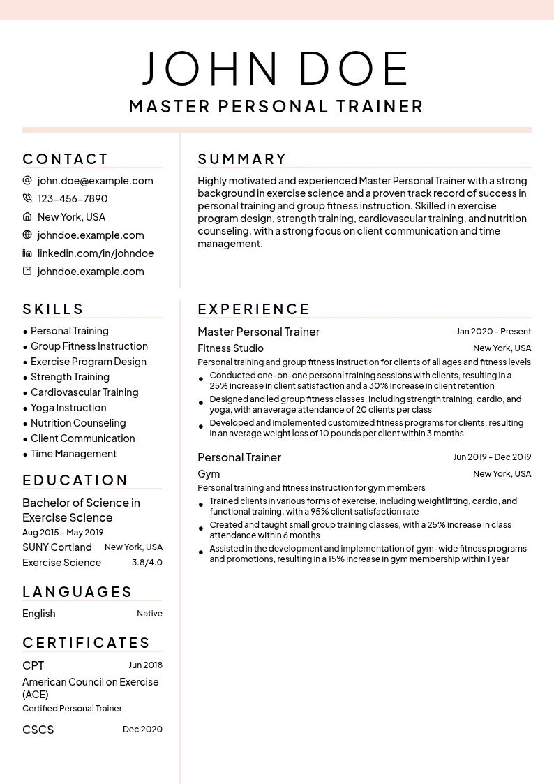 Master Personal Trainer resume example