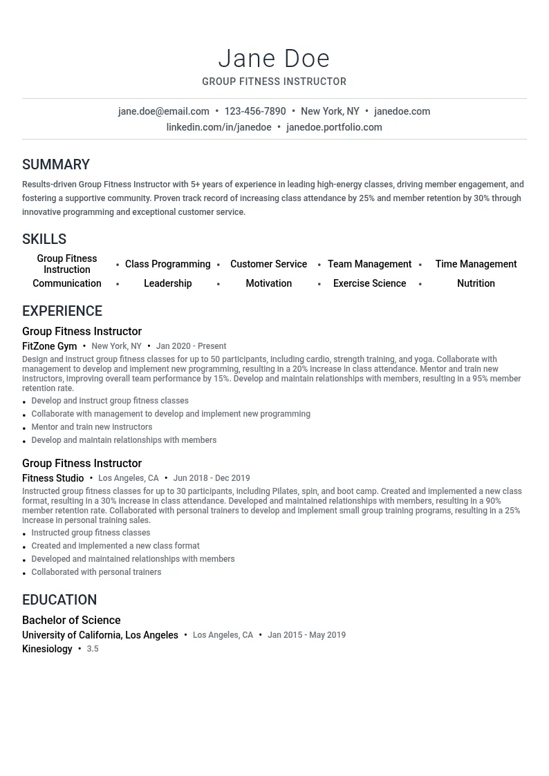 Group Fitness Instructor resume example