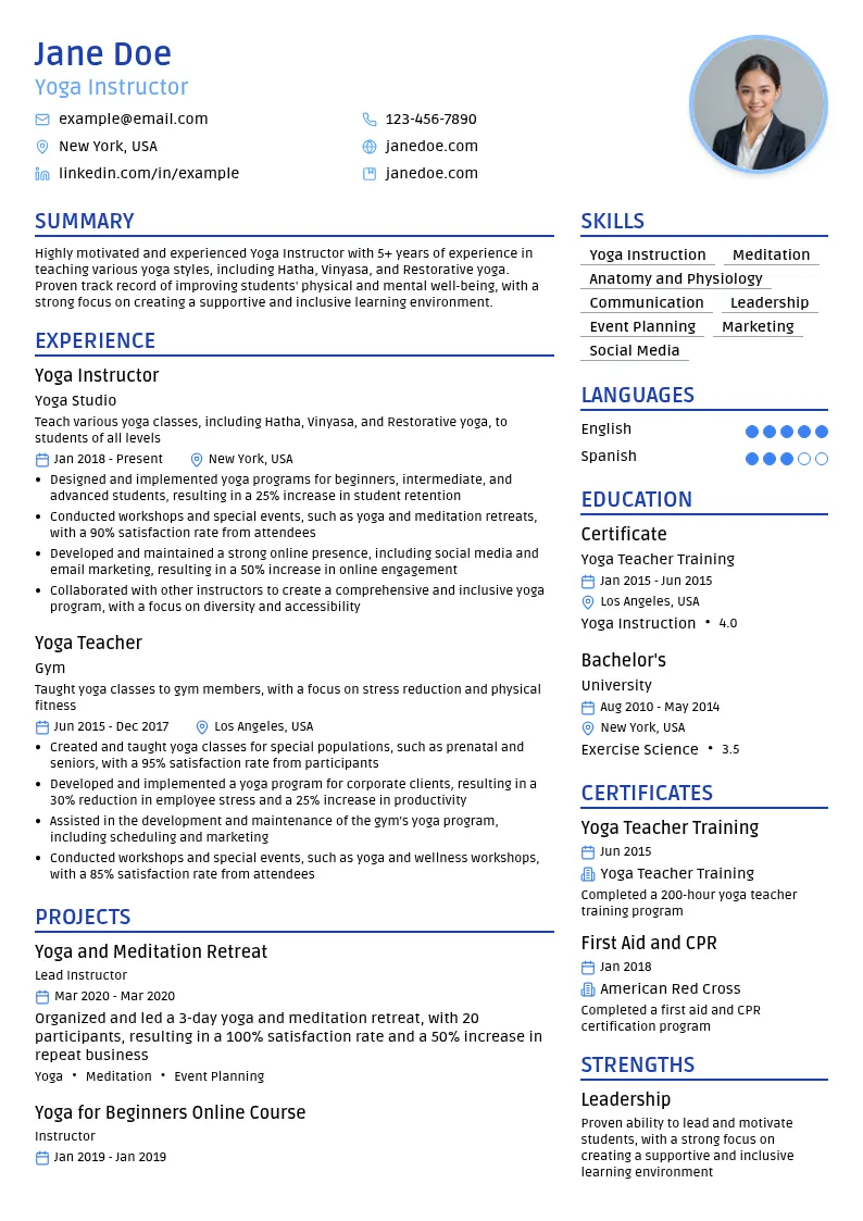 Yoga Instructor resume example