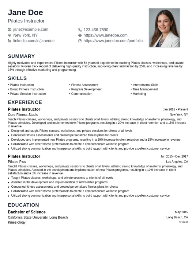 Pilates Instructor resume example