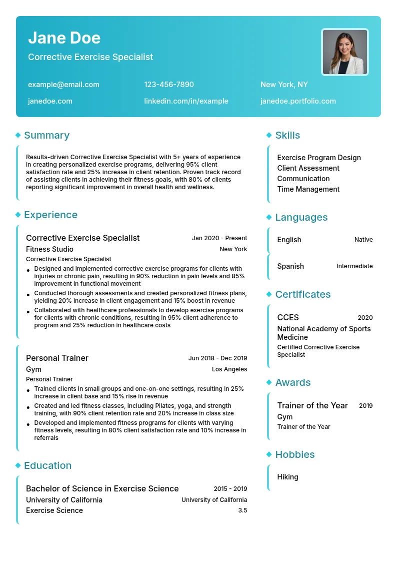 Corrective Exercise Specialist resume example