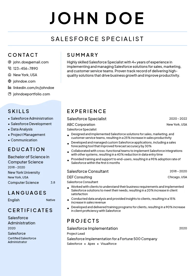 Salesforce Specialist resume example