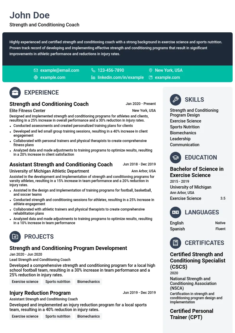 Strength and Conditioning Coach resume example