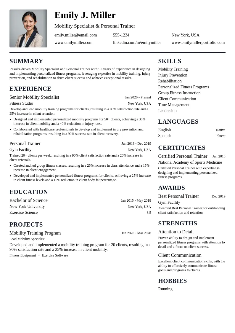 Mobility Specialist resume example