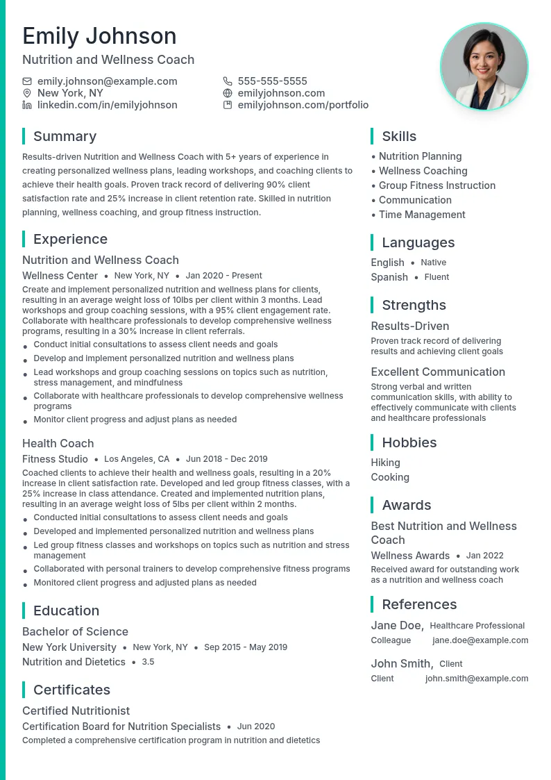 Nutrition and Wellness Coach resume example