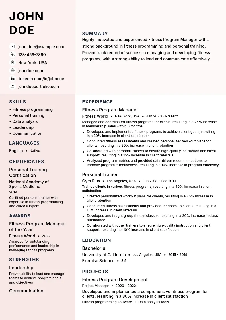 Fitness Program Manager resume example