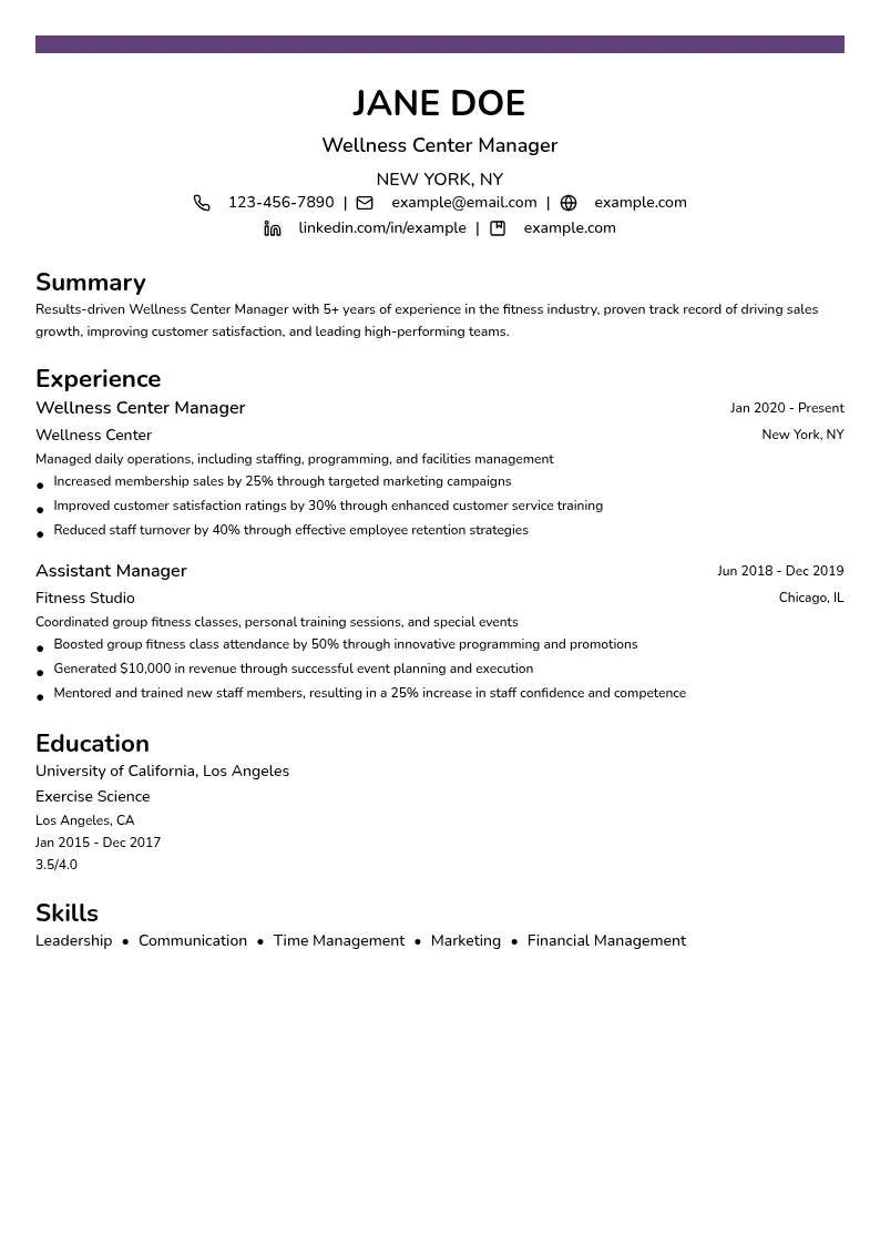 Wellness Center Manager resume example