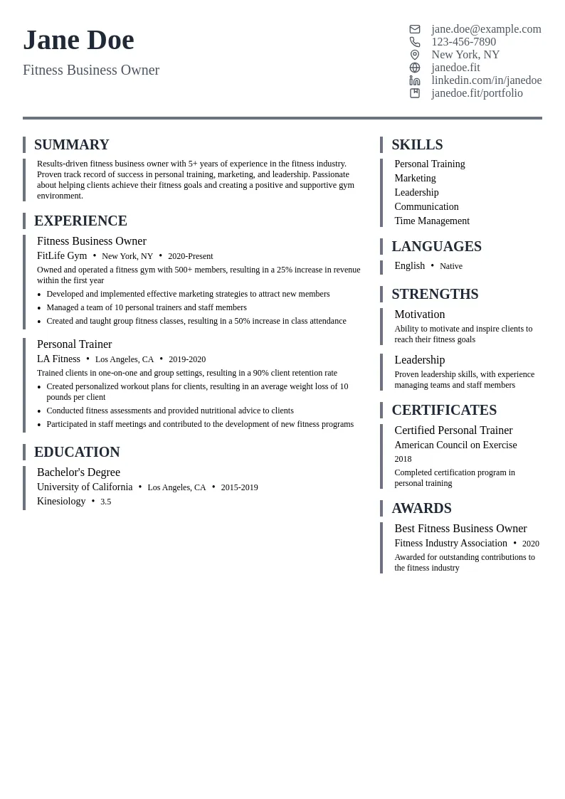Fitness Business Owner resume example
