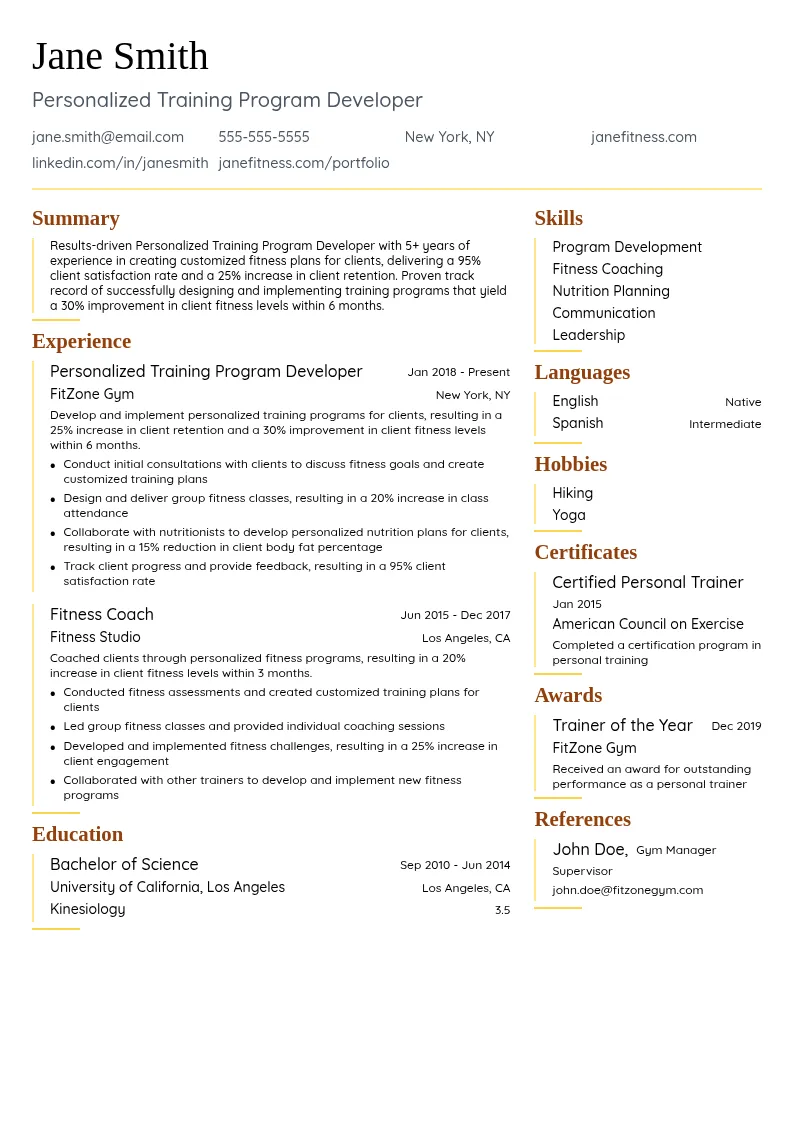 Personalized Training Program Developer resume example