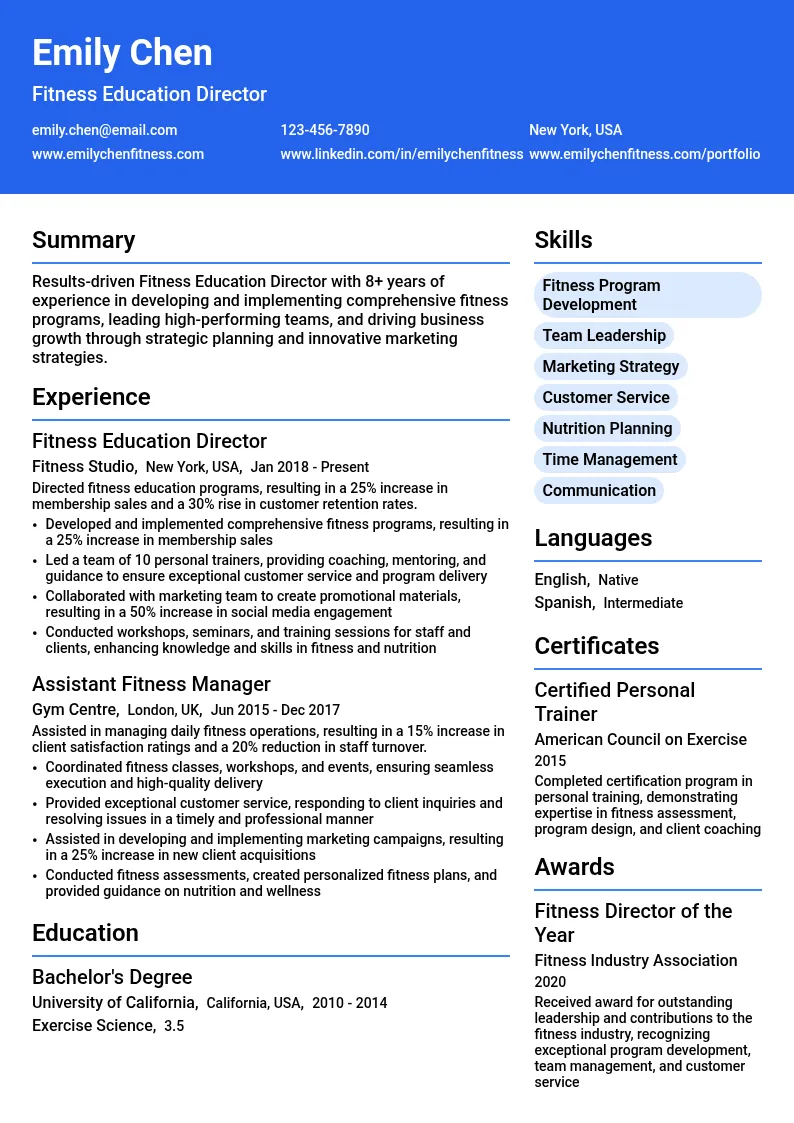 Fitness Education Director resume example