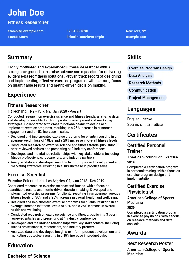 Fitness Researcher resume example