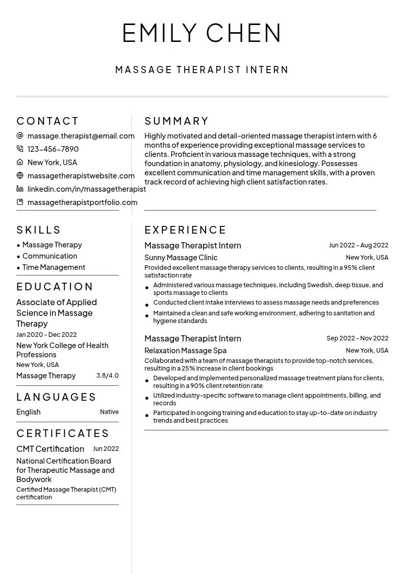 Massage Therapist Intern resume example