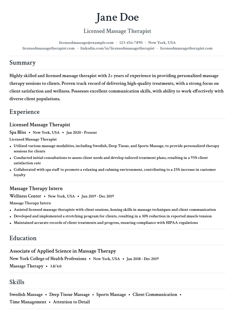 Licensed Massage Therapist resume example