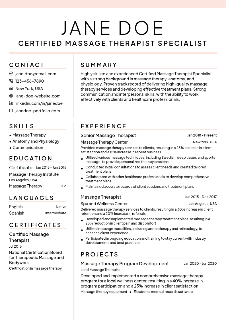 Certified Massage Therapist Specialist resume example