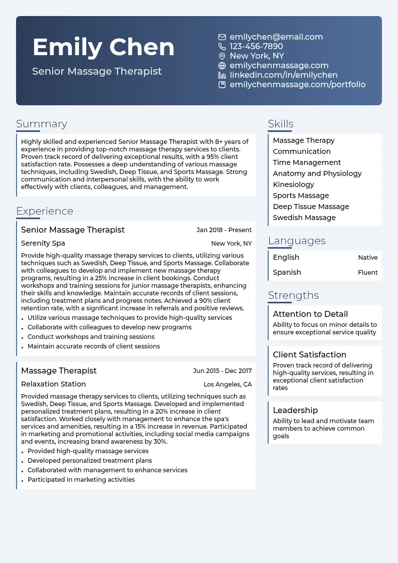 Senior Massage Therapist resume example