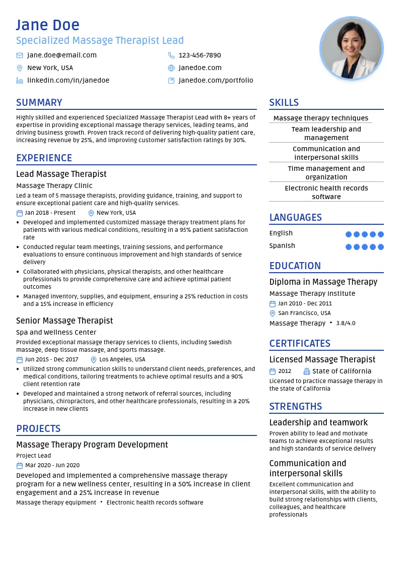 Specialized Massage Therapist Lead resume example