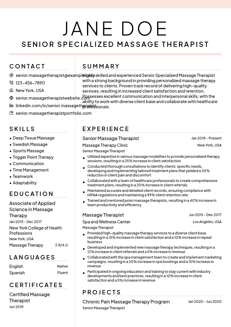 Senior Specialized Massage Therapist resume example