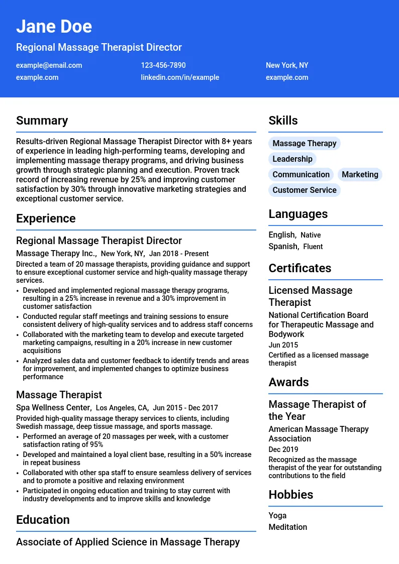 Regional Massage Therapist Director resume example