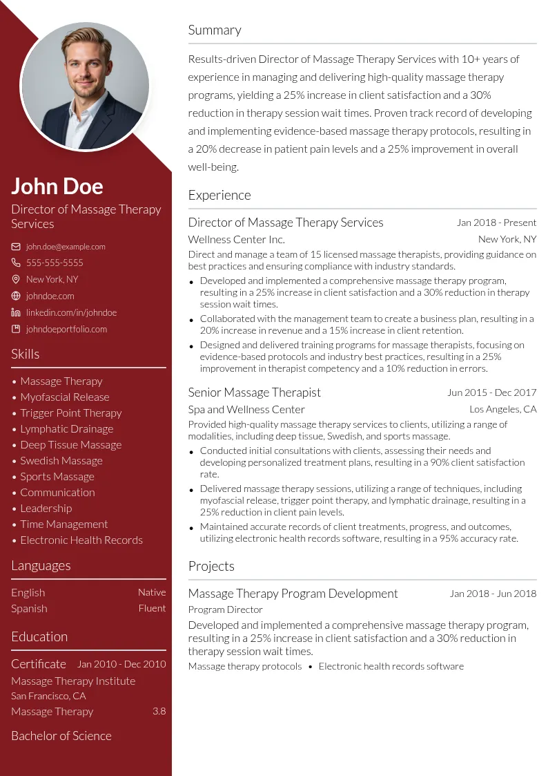 Director of Massage Therapy Services resume example