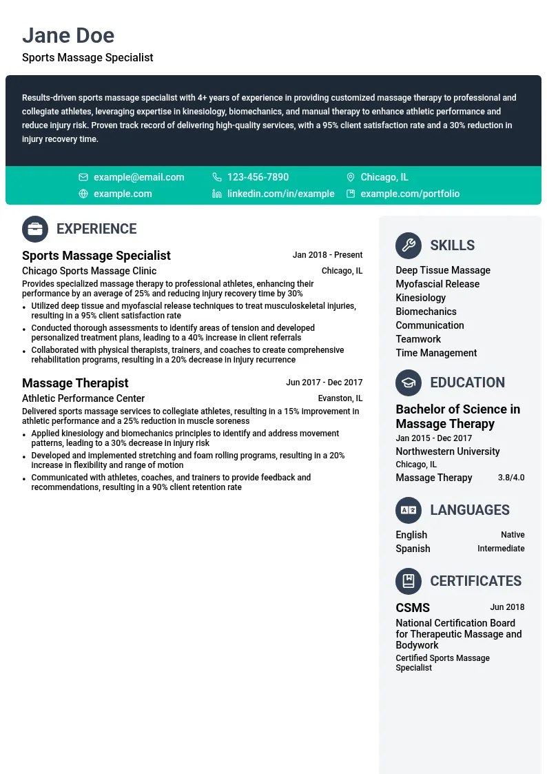 Sports Massage Specialist resume example