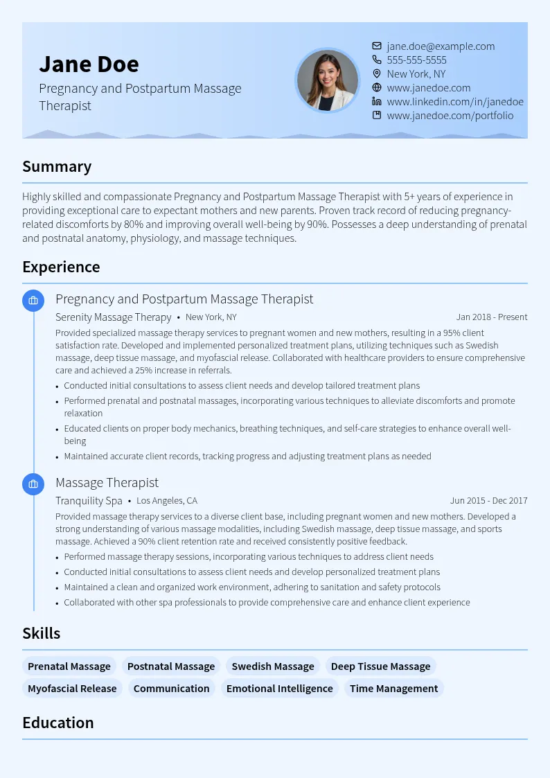 Pregnancy and Postpartum Massage Therapist resume example
