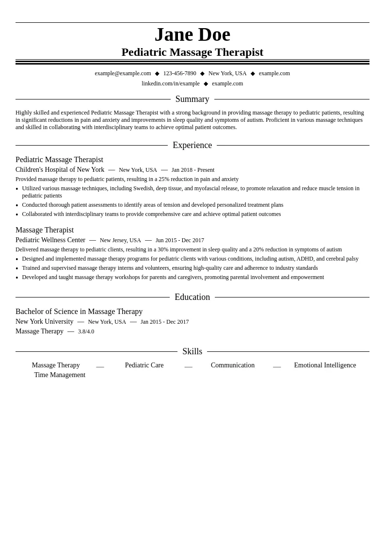 Pediatric Massage Therapist resume example