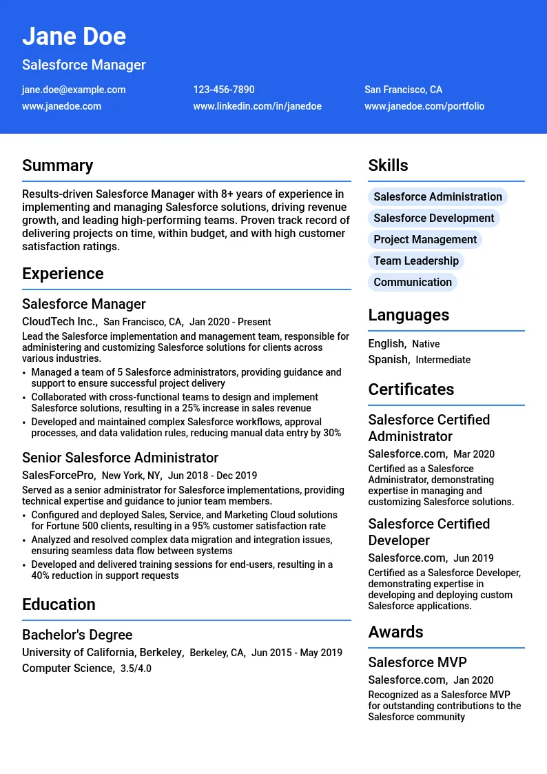 Salesforce Manager resume example