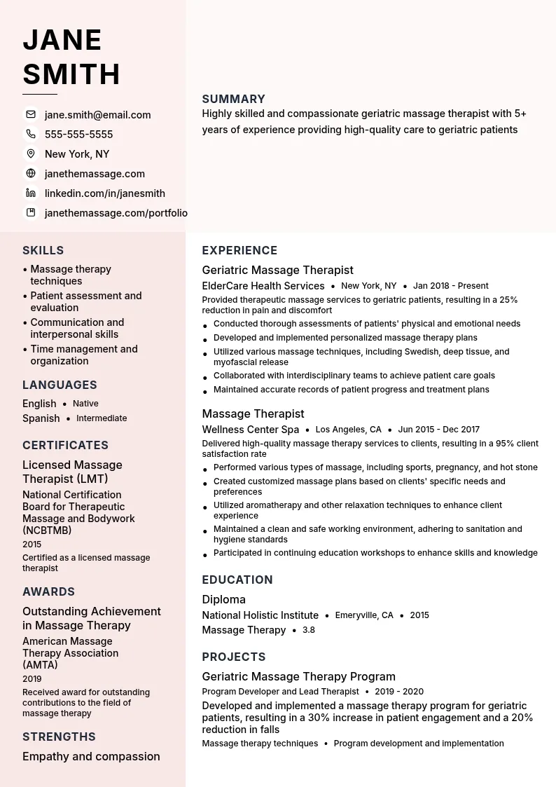 Geriatric Massage Therapist resume example