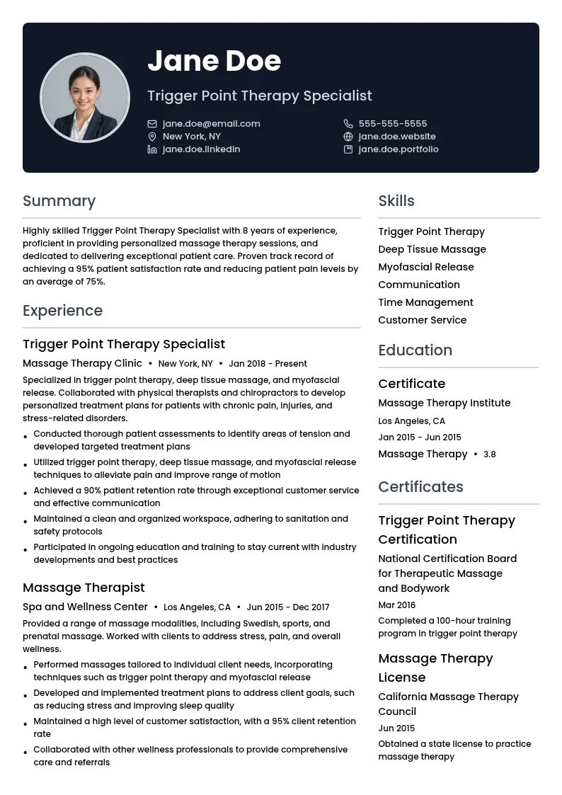 Trigger Point Therapy Specialist resume example