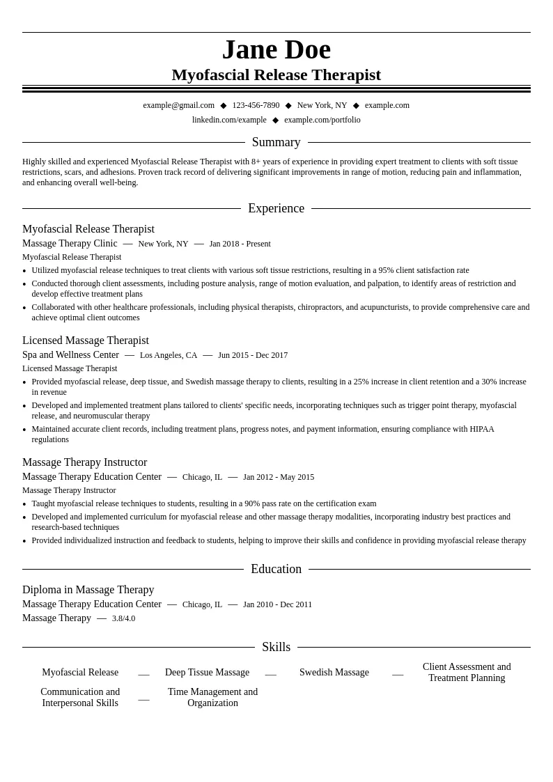 Myofascial Release Therapist resume example