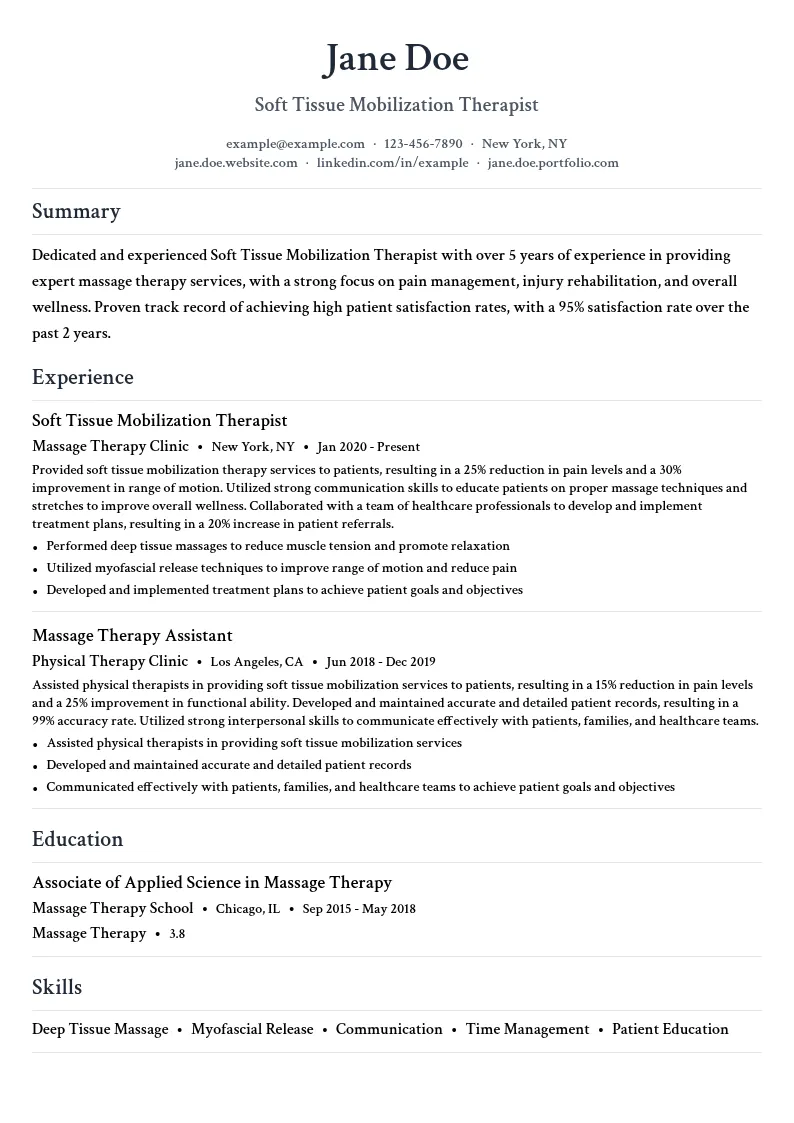 Soft Tissue Mobilization Therapist resume example