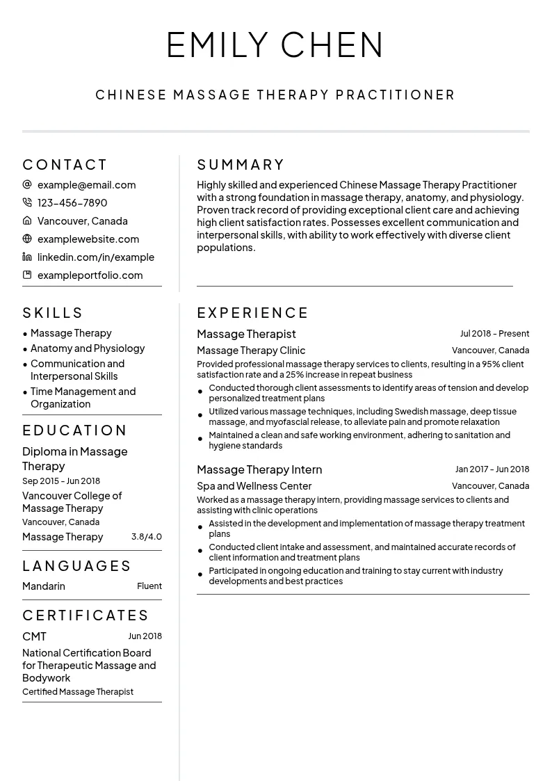 Chinese Massage Therapy Practitioner resume example