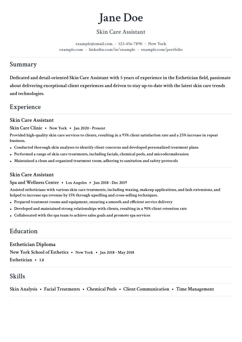 Skin Care Assistant resume example
