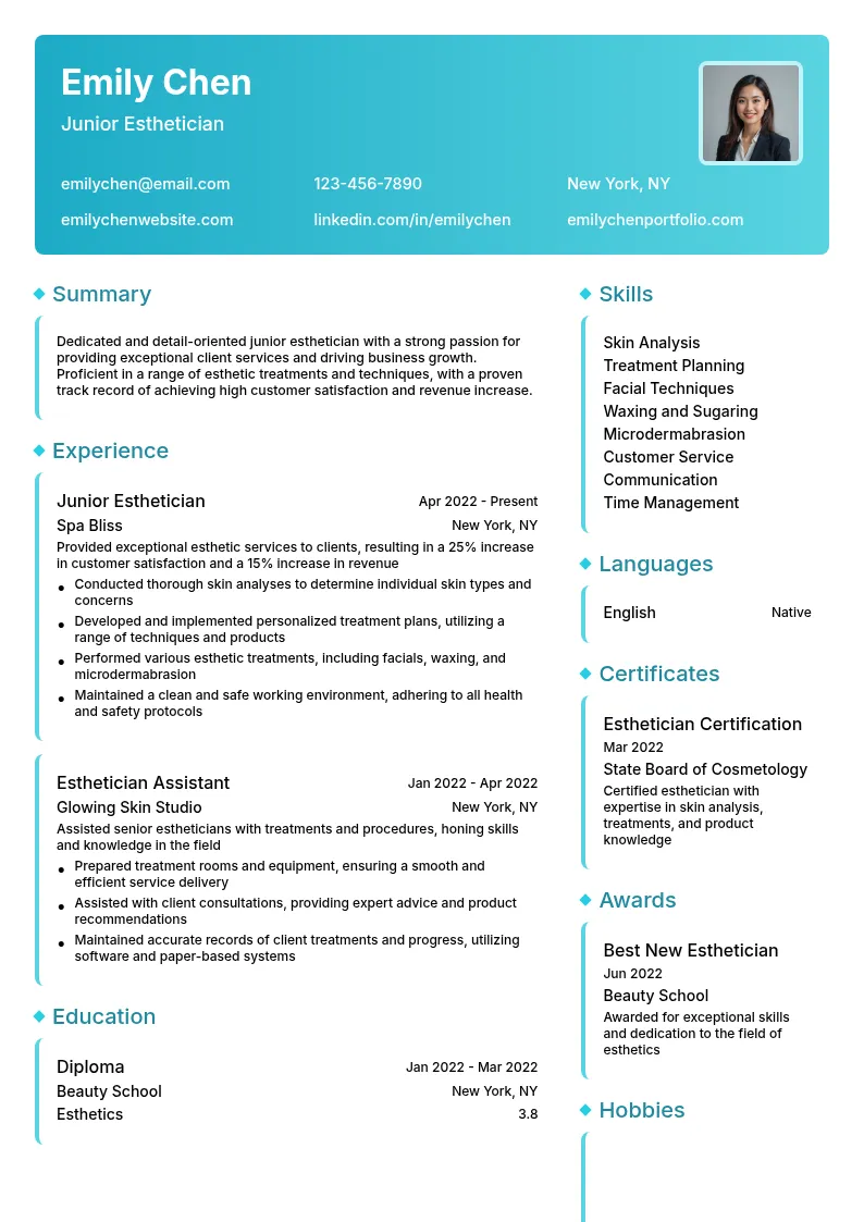 Junior Esthetician resume example