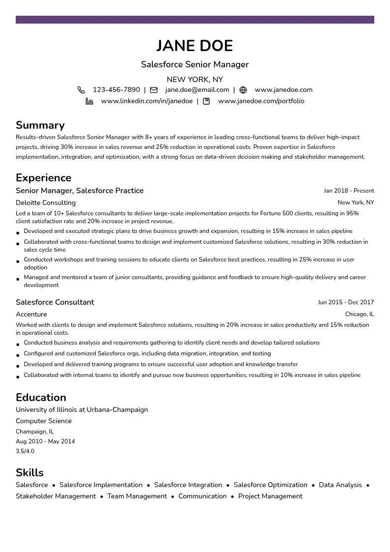Salesforce Senior Manager resume example