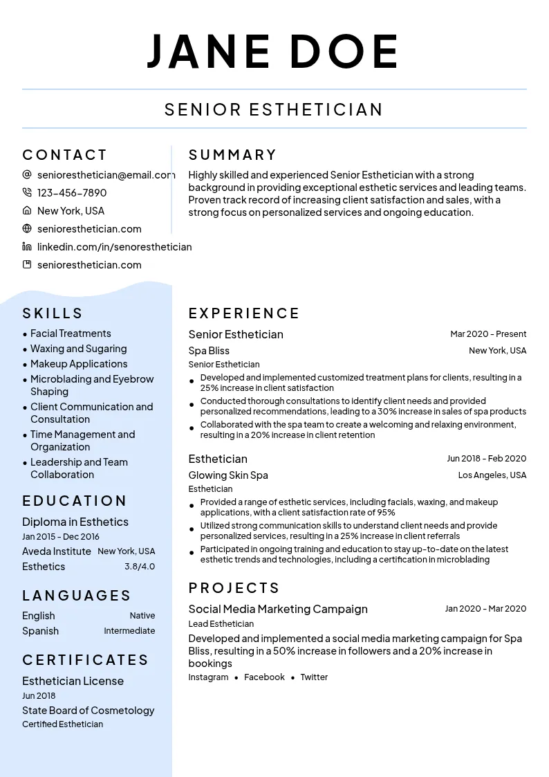 Senior Esthetician resume example