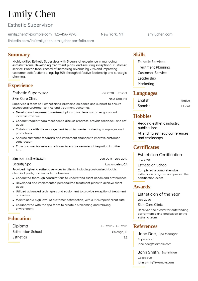 Esthetic Supervisor resume example