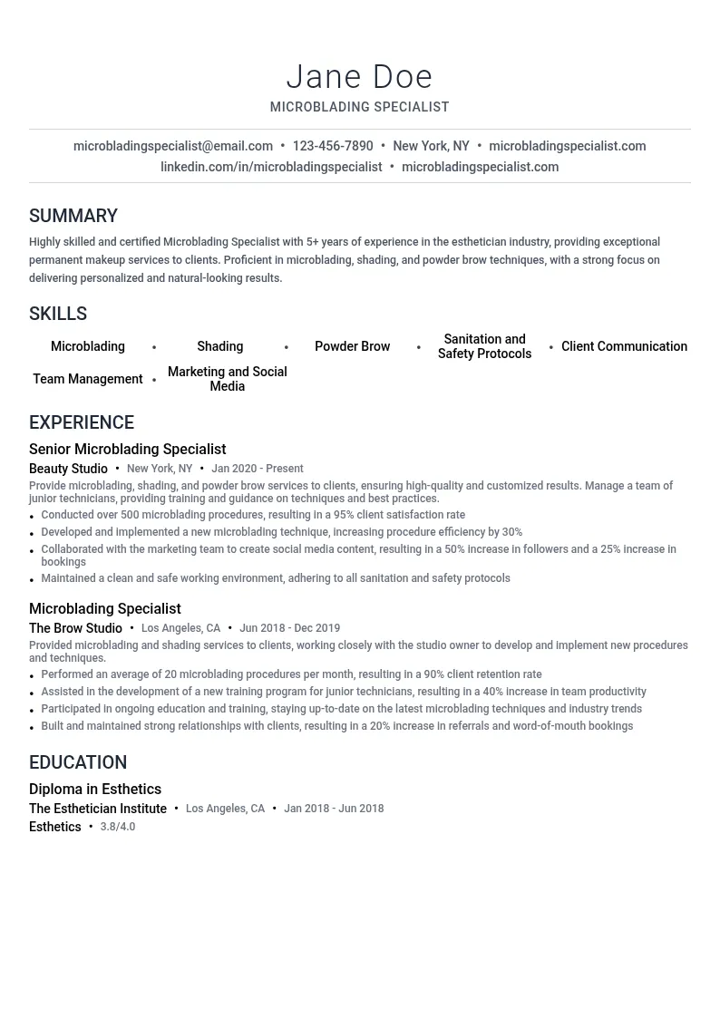 Microblading Specialist resume example