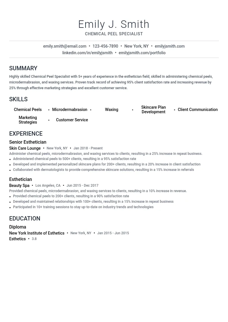 Chemical Peel Specialist resume example