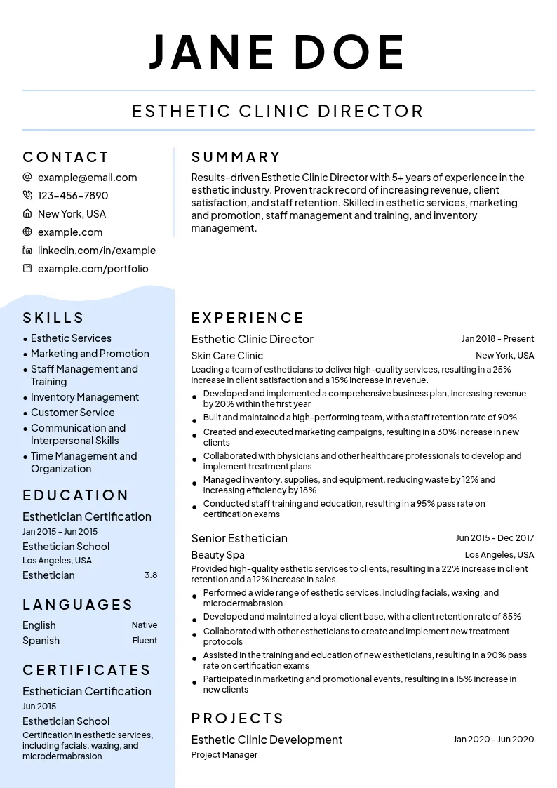 Esthetic Clinic Director resume example