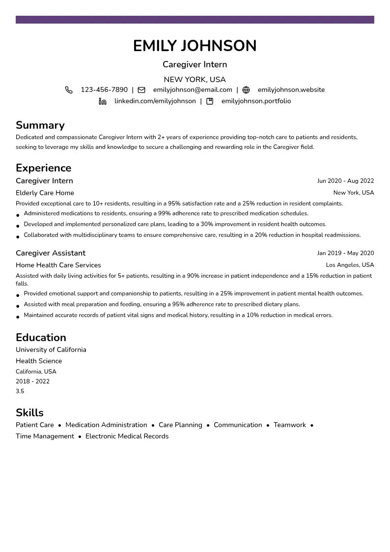 Caregiver Intern resume example