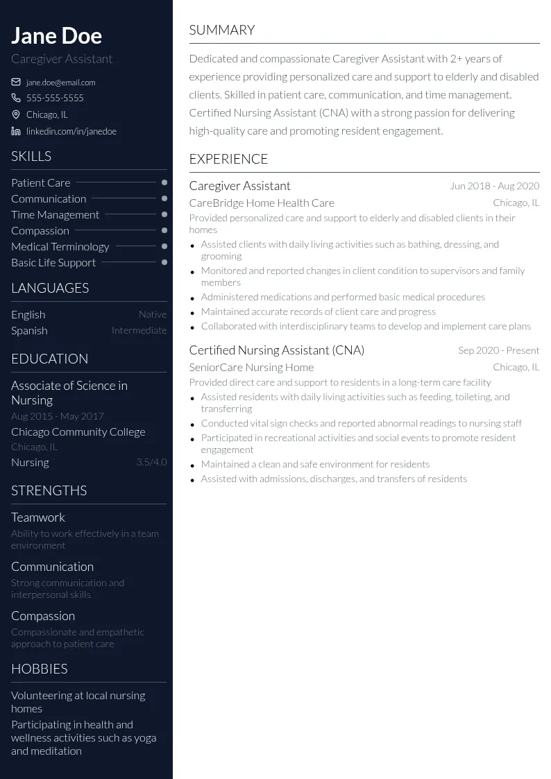 Caregiver Assistant resume example