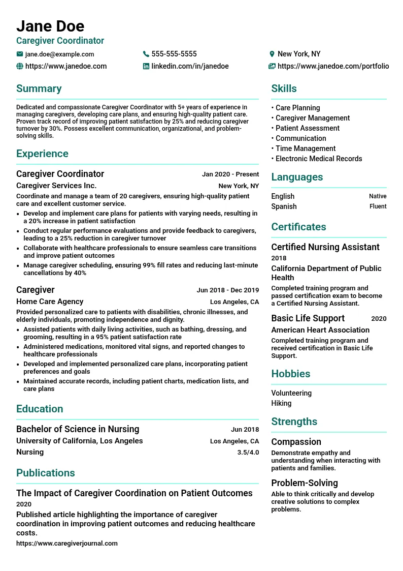 Caregiver Coordinator resume example