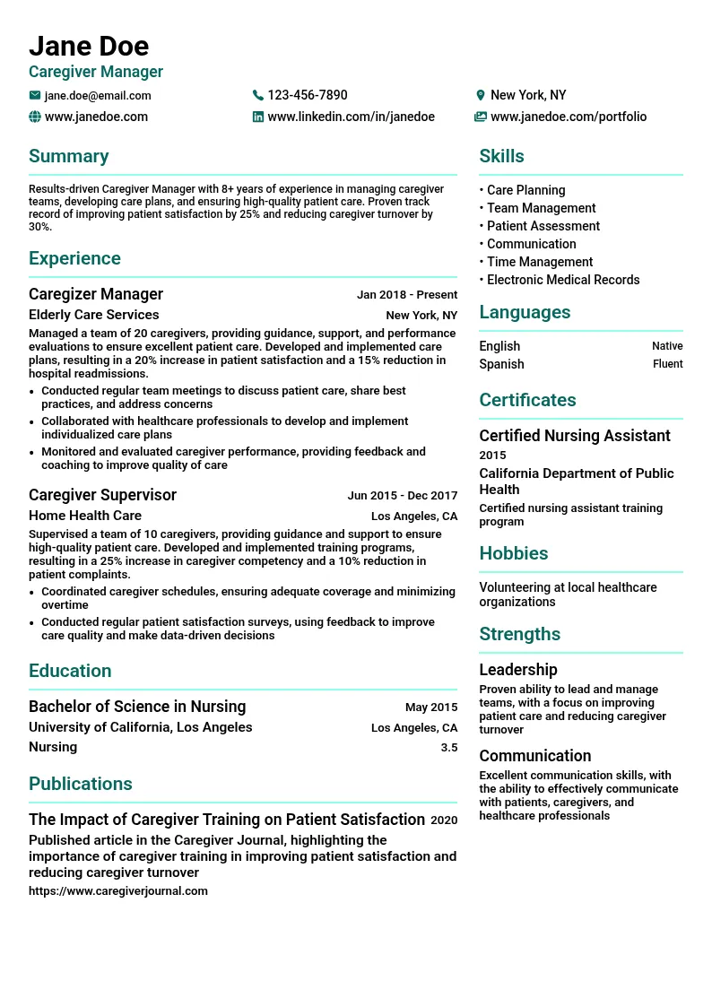 Caregiver Manager resume example